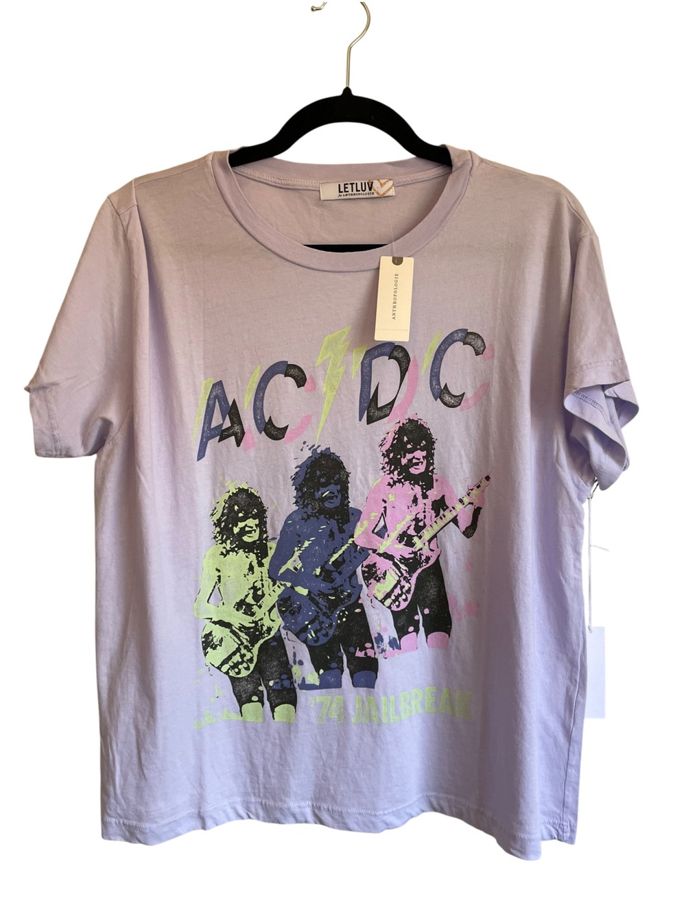 Anthropologie LetLuv AC/DC Graphic Tee in Light Lavender with Neon Accents NWT